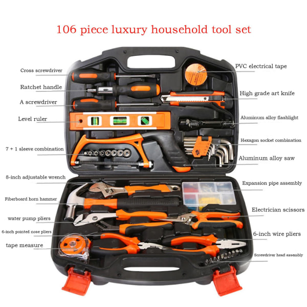Værktøjssæt 106 stykker Universal husholdningshåndværktøjssæt med plastværktøjskasse Elektrikerværktøjsopbevaring Orange