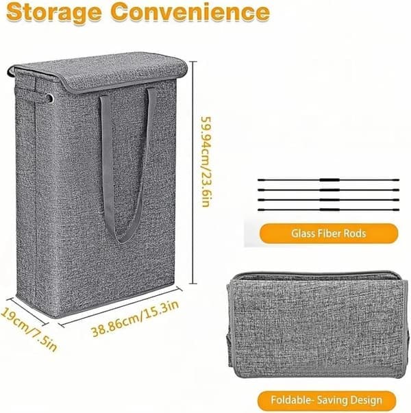 45L Slim Laundry Basket with Lid – Foldable – Grey – 60cm High