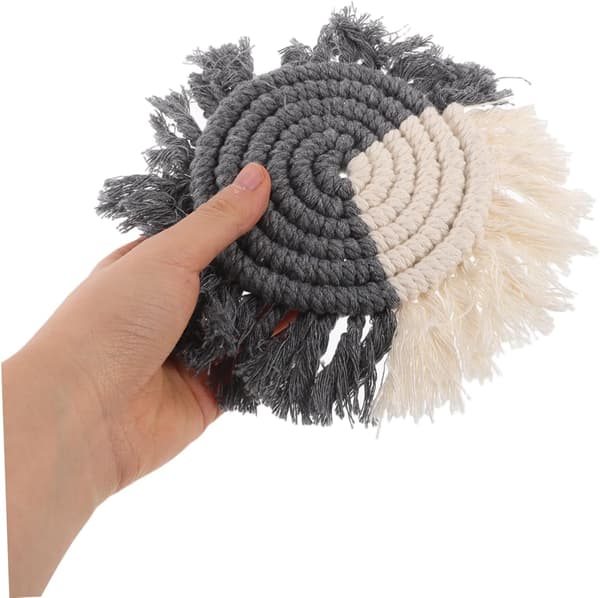 Handwoven Round Coasters Tassels Wooden Coasters for Drinks Kitchen Table Decor