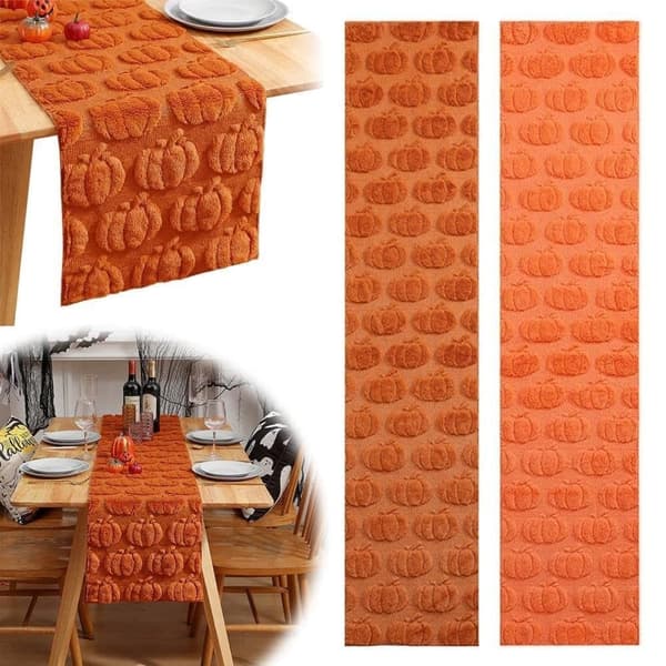 Halloween & Autumn Table Runner - Pumpkin Embroidered Cotton Tablecloth, Washable Long Runner for Dining Table & Home Decor (33x183cm)