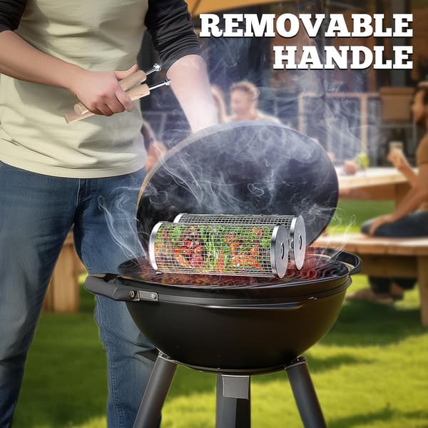 Set of two stackable BBQ baskets, removable handle, 304 stainless steel, BBQ accessories, vegetables, shrimp, charcoal grill, two sets, one large, one small