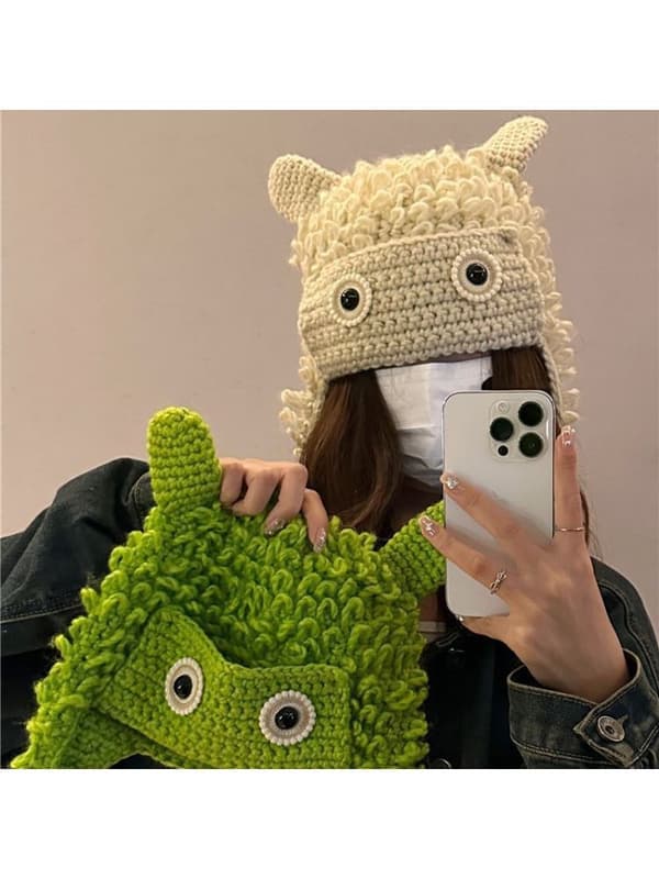 Hvit, tegneseriemonsterhatt, trendy garnstrikket damehatt,