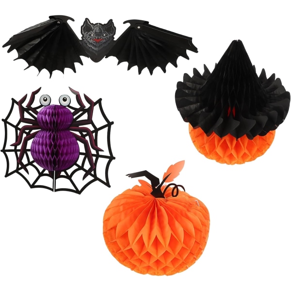 Pöytäpeite 4 kpl Hunajakennopaperi Hämähäkki Halloween-koristeet Halloween-sisustustarjotinkoristeet 3D-kudos Kurpitsat Honeycom