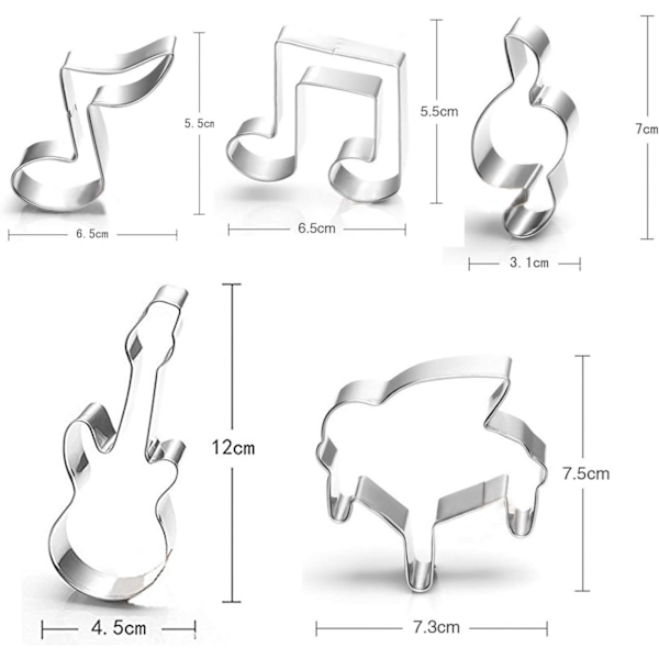Musik-kakformssats - 5 delar  Gitarr, Musiknoter-skylt Musiktema Kekskakform 5 delar - Rostfritt stål