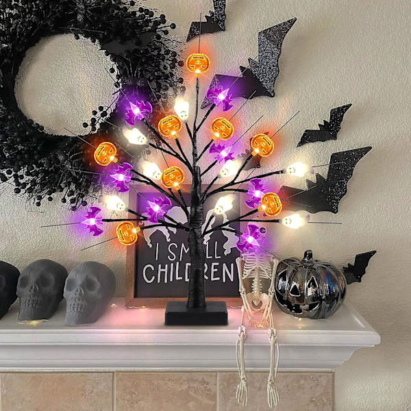 Halloween-trelys med LED-lykter i form av gresskar, flaggermus og spøkelser, med timer/USB/batteridrift - Halloween-lys for dekorasjon