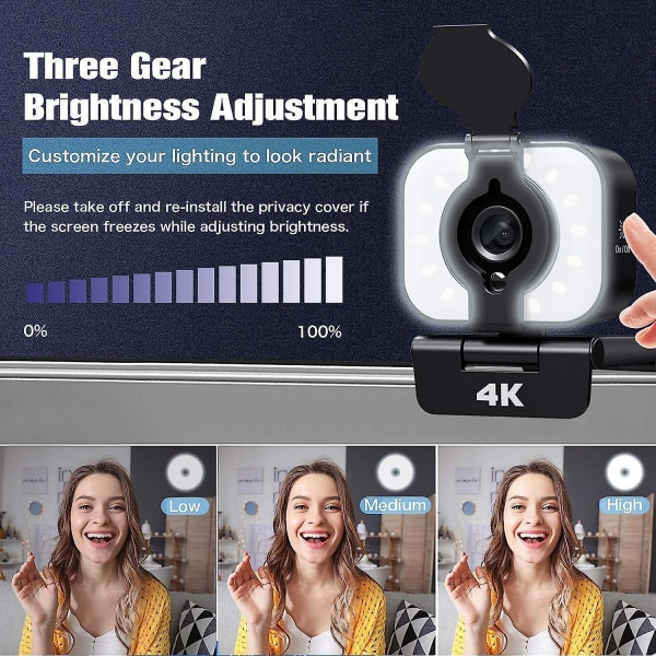 4k opgraderet webcam med justerbart udfyldningslys og privatlivsdæksel Usb-kamera, desktop-bærbar computer i bredformat med mikrofon Mac-webkamera