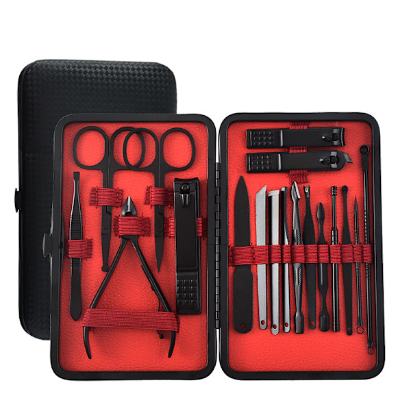 Manikyrset, 18 i 1 Rostfritt Stål Professionellt Pedikyrset Nagelsaxar Grooming Kit med Svart Läder Reseväska