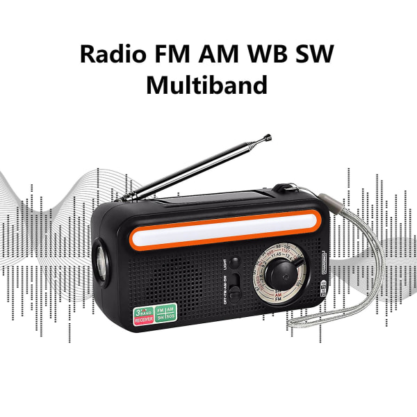 Vejrradio, nødhåndsvingsradio med solcelleoplader, bærbar batteridrevet Am Fm Shortw Black