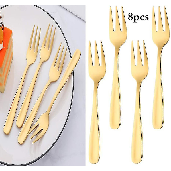 Kakegaffel i rustfritt stål med 3 tenner, fruktgaffel, 8-delt gullgaffelsett, speilpolert, perfekt for bryllup, fest, dessert