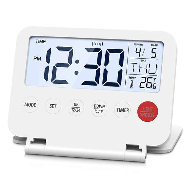 Travel Alarm Clock, Portable Digital Alarm Clock, Compact Calendar Timer with Snooze, 12/24H Display, for (LGL) White White White