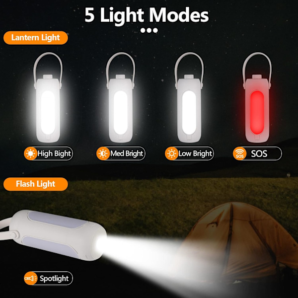 Vit LED Campinglykta 10000 mAh, Multifunktionell Campinglampa, Laddningsbar Deformerbar Campinglykta, 800 lumen, 3 belysningslägen