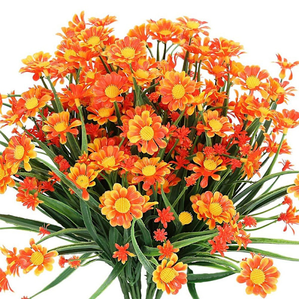 6 Bundter Udendørs Kunstige Tusindfryd Kunstige Blomster UV-Resistente Buske, Kunstig Plastik Grønt til Indendørs Udendørs Hængende Planter (Orange Rød)