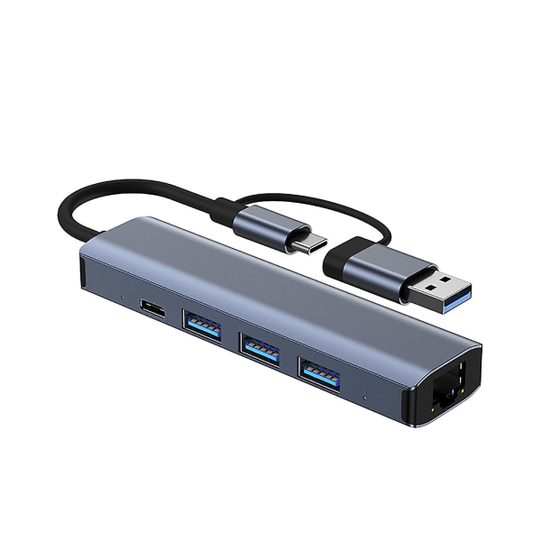 USB 3.0 til Ethernet Adapter 5 i 1 Multiport Hub med Gigabit og Type-C Strømforsyningsport LAN Netværksadapter