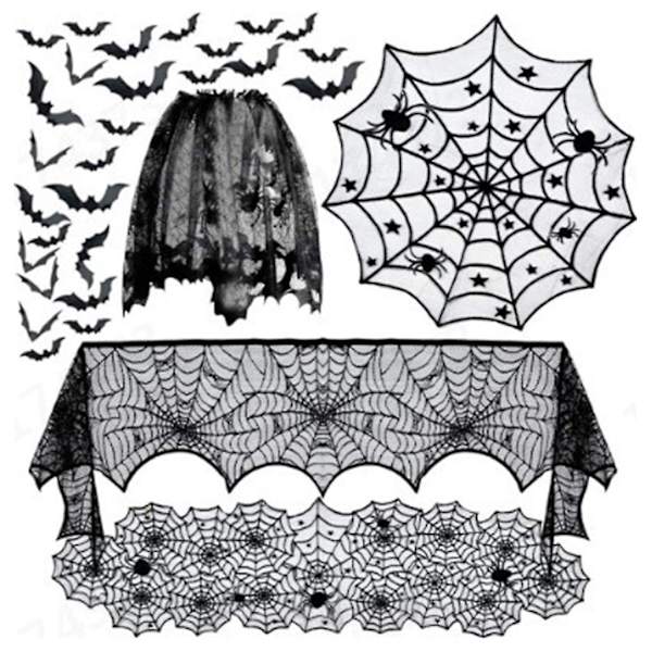 Halloween Dekorationssats Spindelnät Dukslöja Eldstadssjal 3D Fladdermus