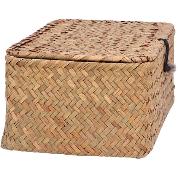 Rectangular Woven Seagrass Storage Baskets with Lid, Hand-Woven for Shelves, Office, Home (Natural, Size S)