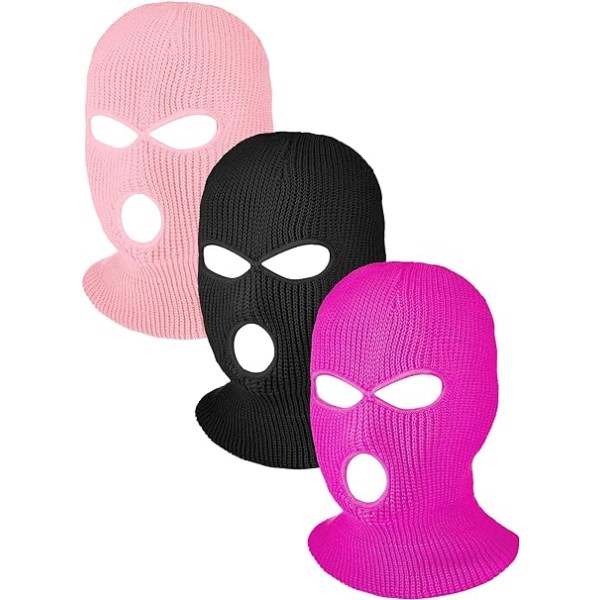 3-pack Full Face Sport Balaclavas med 3 hål Vinter Utomhus Stickad Ansiktsmask Ski Balaclava (Svart, Djup Pulver, Ljusrosa, Vuxen)