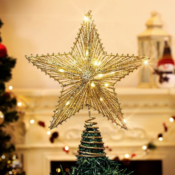 Juletræsstjerne, LED-trælys skinnende metal julestjerne, traditionel juledekoration juletræstopper med fe