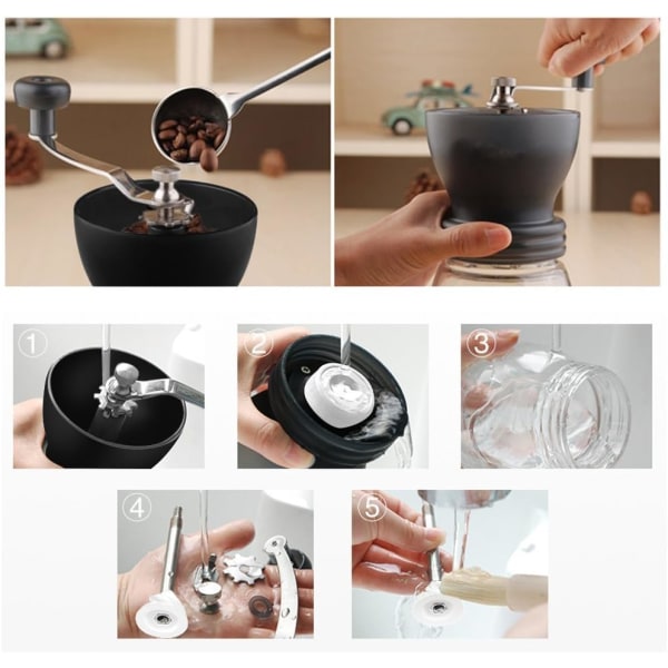 Manuaalinen kahvimylly keraamisilla purseilla, käsin kahvimylly kahdella lasipurkilla (11 unssia kumpikin), harja ja ruokalusikallinen