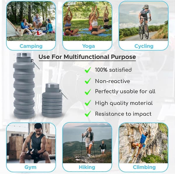 Foldable Water Bottle Silicone Collapsible Gym Bottle Leak-Proof Hiking Accessory, Grey