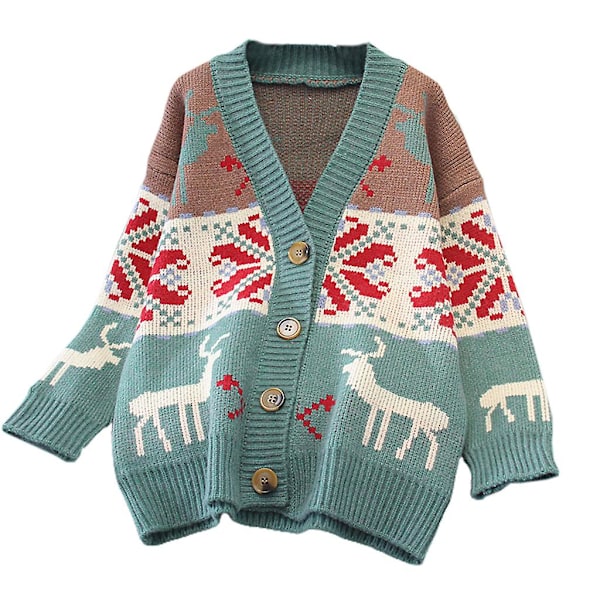 Dam Cardigan med Långärmad Julrenar Stickad Jacka Ytterkläder Grön