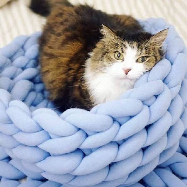 Bomuldsstrikket Dyrebed Kurv Varmt Vævet Kattenest Hyggelig Cuddler til Hunde Katte-30cm Kæledyr Håndlavet Varmt Chunky Kintted Katteuld