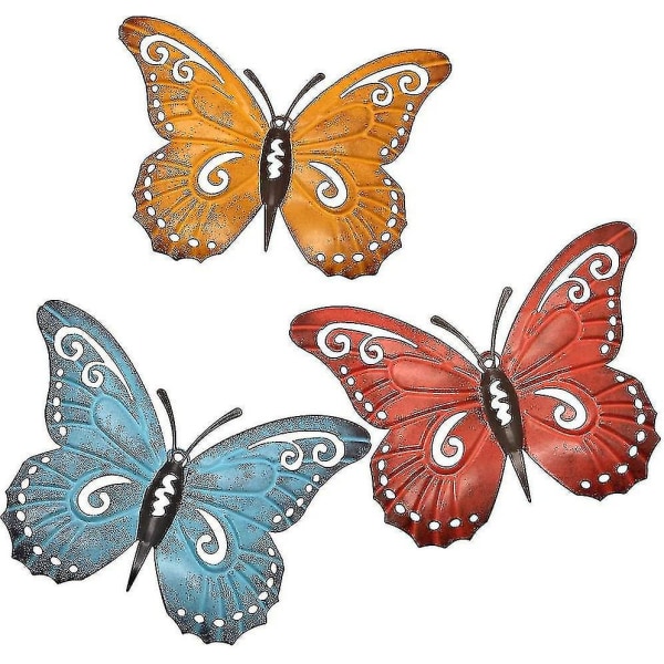 Metalli perhosseinätaide, inspiroiva seinäkoristeluveistos sisä- ja ulkokäyttöön 3 kpl