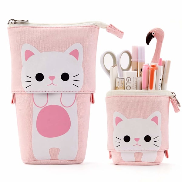 Söt katt infällbar pennfodral/blixtlås canvas box+PU tecknad pennfodral brevpapper box för barn, flickor, pojkar, skolmaterial