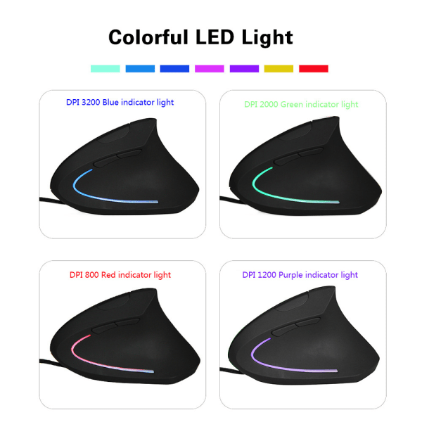 Trådbunden Ergonomisk Mus, Vertikal Mus med LED-belysning, 1200-3200 DPI, 6 Knappar, Högerhänt, Datormöss för PC och Laptop