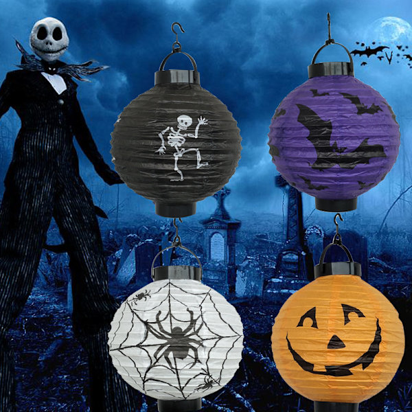 4 Pak 7,8 Tommer Halloween Dekorationer Papir Lanterner, Spøgelseshus Hængende Lanterne Skelet Græskar Smiley Bat Spiders Mønster