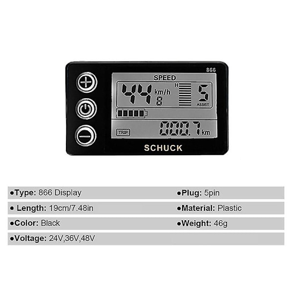 Ebike S866 LCD-displaymätare Elektrisk cykel 24V 36V 48V Kontrollpanel med vattentät kontakt för BBS01 BBS02 [DB] Black