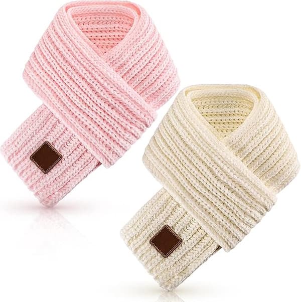 Barnehalser, bomull, strikket vintervarmt skjerf, halsvarmer for gutter og jenter, rosa, beige