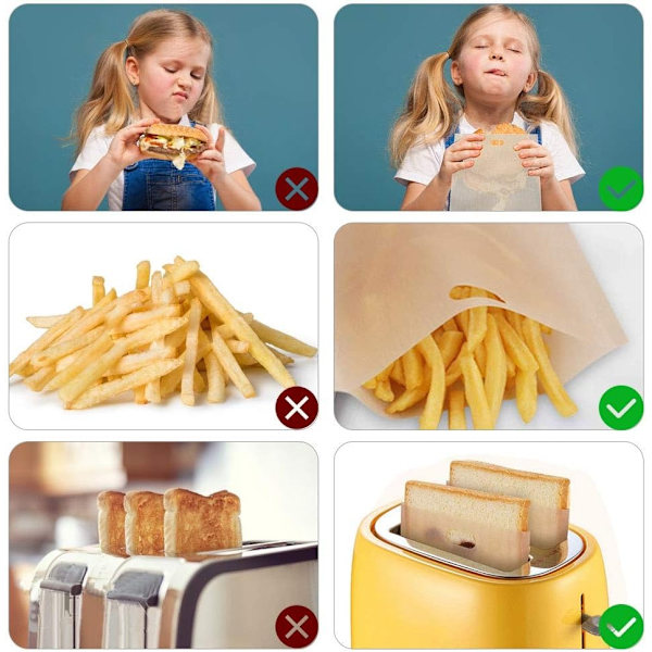 6 stk (16*16cm) Genanvendelige Toastposer Højtemperaturbestandige Bageposer til Rister, Mikrobølgeovn, Ovn, Grill