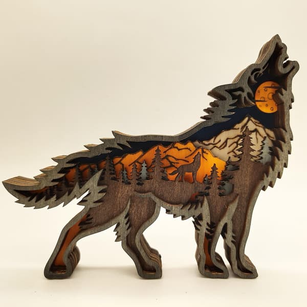 3D Wooden Wolf Totem Statue, Howling Wood Wolf with String Lights