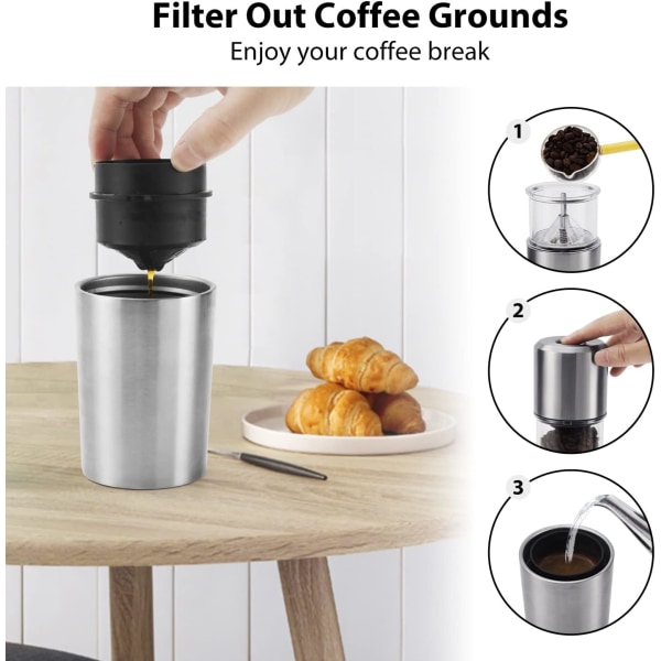Elektrisk burr kaffekvarn, bärbar kaffebryggare för en servering med isolerad resemugg, liten kaffebönkvarn med