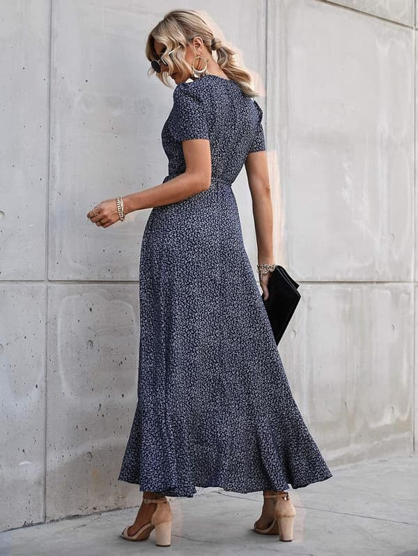 Sommer Maxikjole for Kvinner, Uformell Boho Blomstret V-hals Kortermet