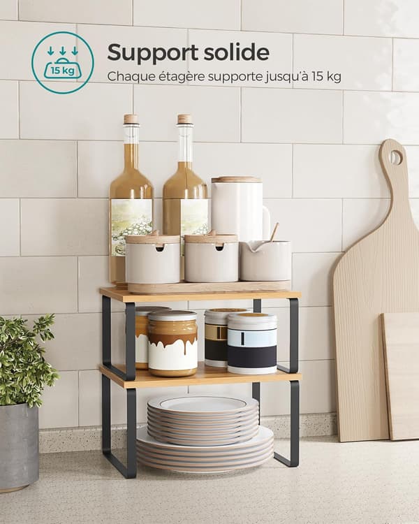 Spice Rack, Set of 2, Expandable Kitchen Storage Shelf, Stackable Spice Holder, Metal, Engineered Wood, Beige