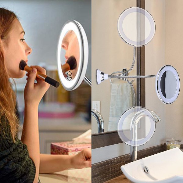 Flexibel svanhals 11,5" 10x förstorande LED-upplyst spegel upplyst, sminkspegel i badrum med stark sugkopp, 360 graders vridbar, dagsljus