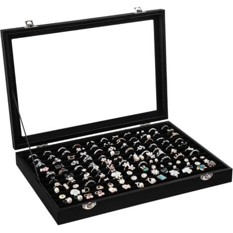 Smykkevitrine, Smykkeskrin, til Ringe, Øreringe, Glaslåg, Sort
