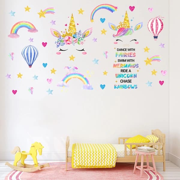 Unicorn Rainbow Hot Air Balloon Wall Sticker Pack Vardagsrum Sovrum Barnrum Dekorativ Väggdekal