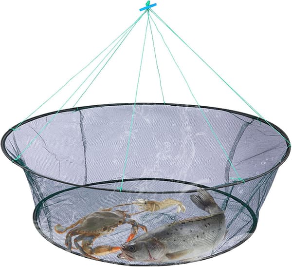 1 hopfällbart och bärbart fiskenät, öppningsdiameter: 100 cm, basdiameter: 80 cm, material: nylon