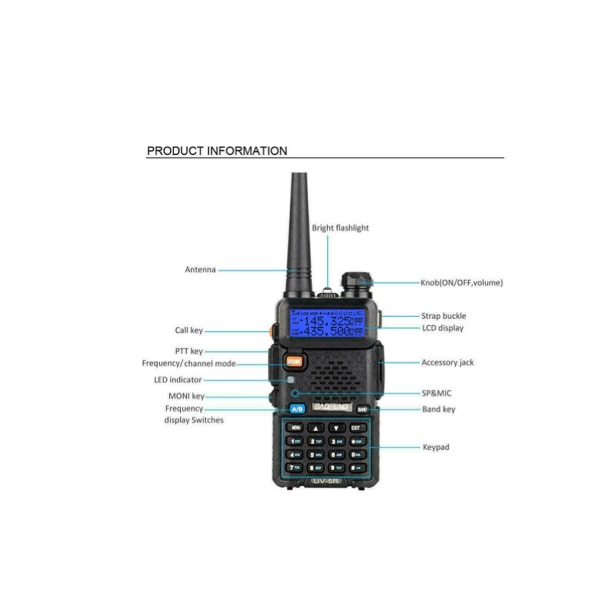 1,5\" LCD 5W 144~146MHz / 430~440MHz Dobbelt-bånds Walkie Talkie med 1 LED Lommelygte Sort