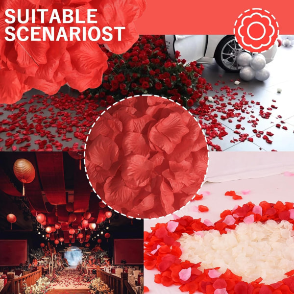 Punaiset ruusun terälehdet romanttiseen iltaan - 3600 set tekosilkkiä Ystävänpäivä kukkakasvojen ruusujen terälehdet - loistava erityisiin romanttisiin iltoihin