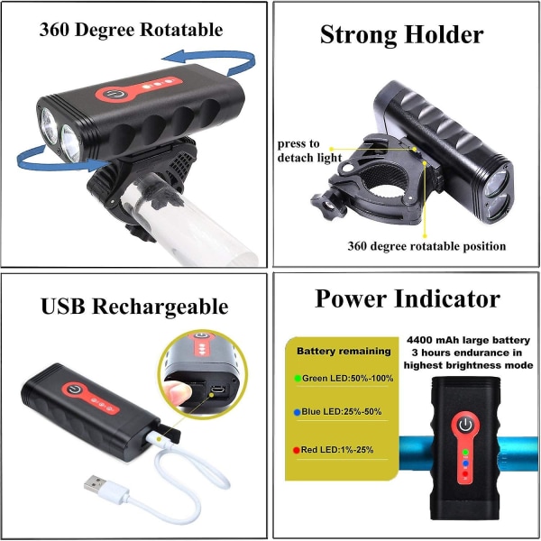 Sykkellyssett med 5 moduser, 1000 lumen, supersterk, 360 graders roterbar, IP65, vanntett, USB