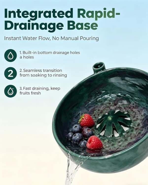 Self-Rotating Ceramic Berry Bowl with Drain, Automatic Fruit and Vegetable Cleaning Bowl, 3D Printed