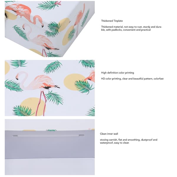 Tin Storage Boxes with Flamingo and Leaf Pattern, Versatile Rectangular Tin Box with Lock and Keys for Family and Office