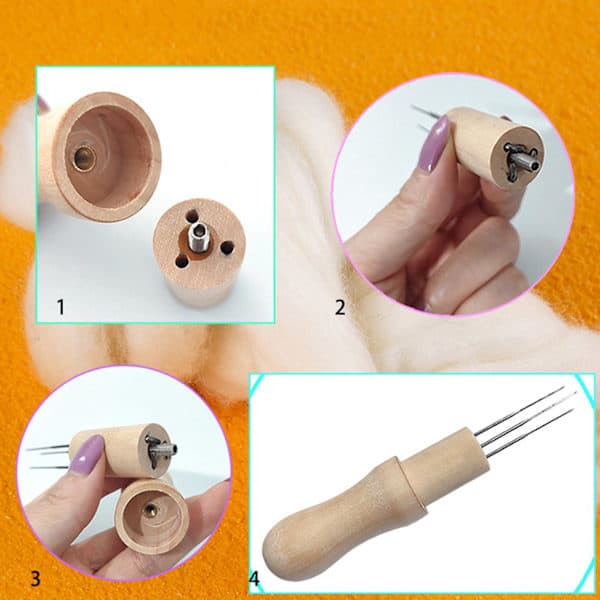 Needle Felting Needle 3 Needles Solid Wood Handle Awl Craft Tool