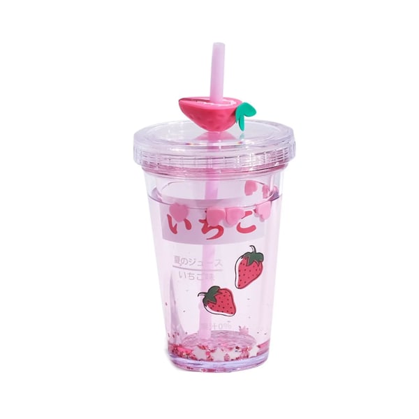 11.2oz Cute Water Bottle With Straw, Glitter Double Wall Water Bottle With Straw Kawaii Cup Strawberry Water Bottle Kawaii Cups