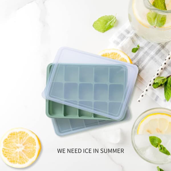 Ice Cube Tray Set (2-pack), Easy Release, 15 Flexible Silicone Ice Cube Molds with Removable Lids, Reusable, Stackable, Suitable for Whiskey.
