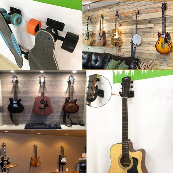 Kitaran seinäteline, 3-pakkaiset kitarakoukut seinälle, musta kitarakoukun pidike akustiselle sähköbassolle ja paljon muuta