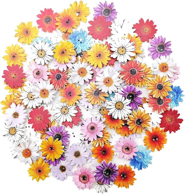 100 stk. Træ Tusindfryd Knapper Malede Træ Blomsterknapper til Håndværk Solsikke Træknapper 2 Huller Flad Bagside Blomsterformede Knapper